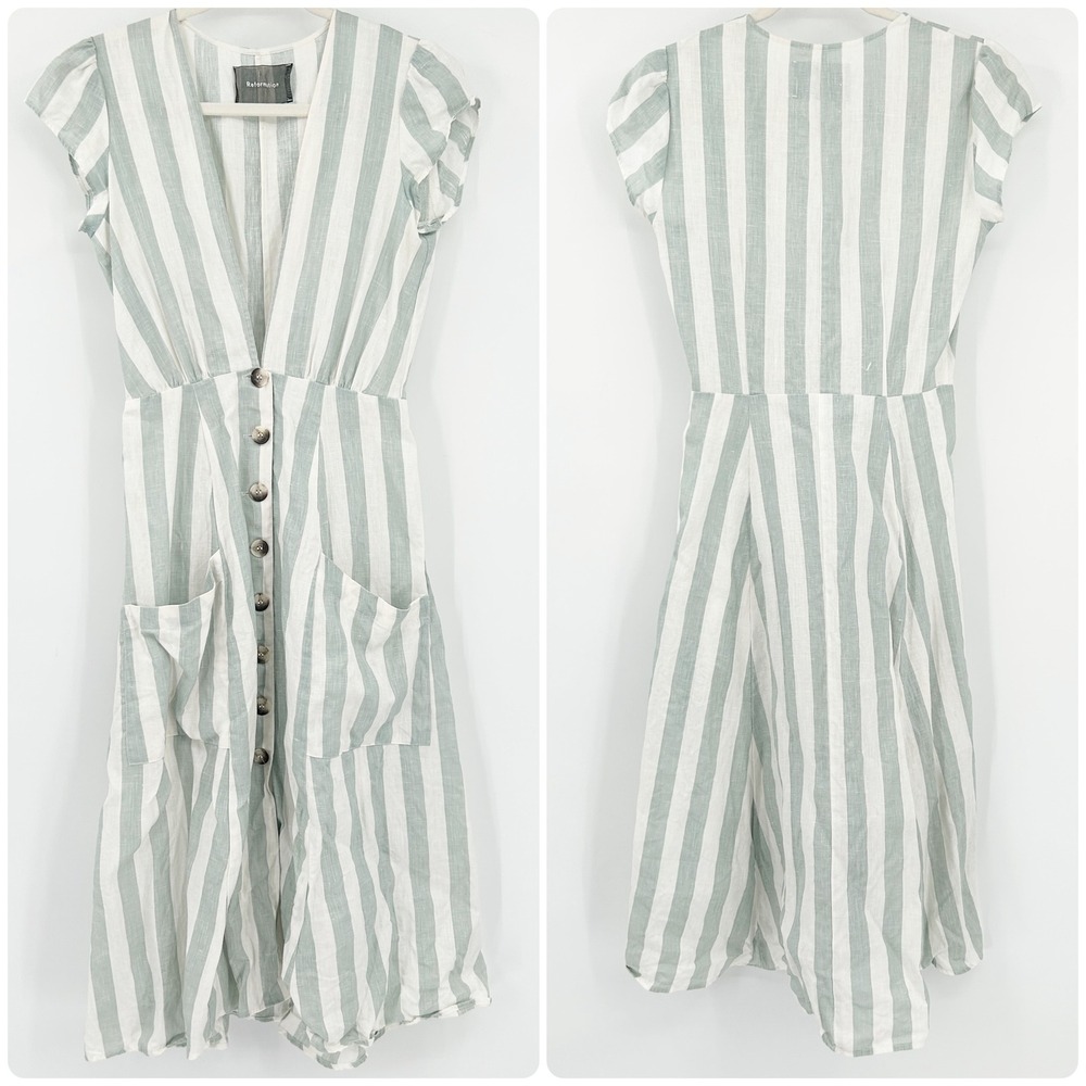 Reformation Womens Bayu Linen Dress Size 2 Baltic Striped Button‎ Front Pockets